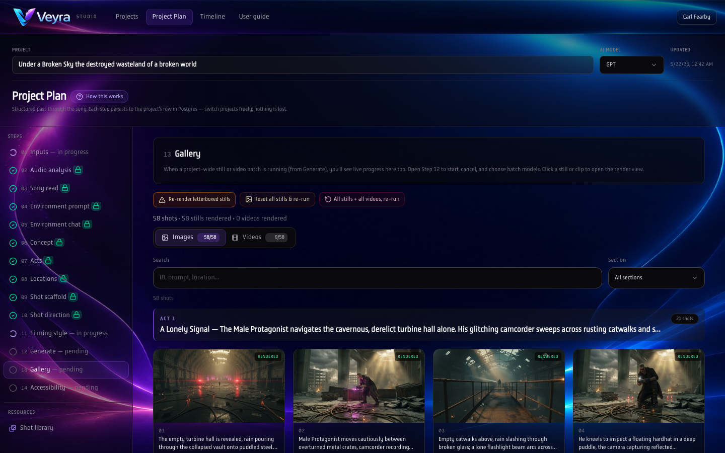 Veyra Gallery with generated frame thumbnails and selects